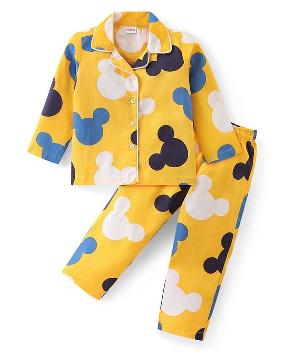 Babyhug Disney Cotton Woven Full Sleeves Night Suit with Mickey Mouse Print - Yellow