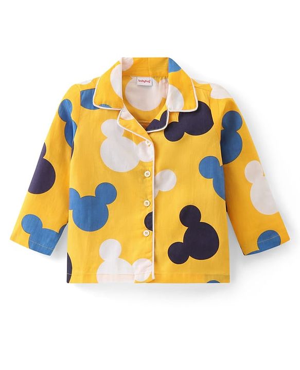 Babyhug Disney Cotton Woven Full Sleeves Night Suit with Mickey Mouse Print - Yellow