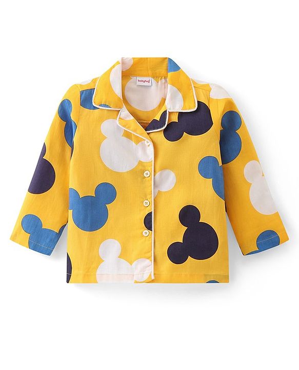 Babyhug Disney Cotton Woven Full Sleeves Night Suit with Mickey Mouse Print - Yellow