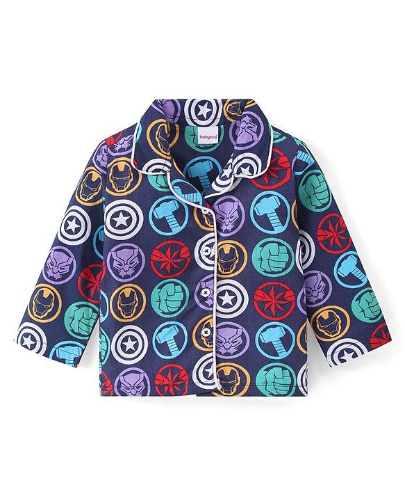 Babyhug Marvel Cotton Woven Full Sleeves Front Open Night Suit with Avengers Print - Navy