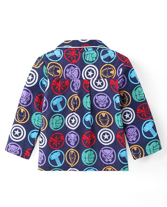 Babyhug Marvel Cotton Woven Full Sleeves Front Open Night Suit with Avengers Print - Navy