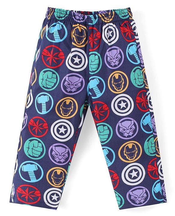 Babyhug Marvel Cotton Woven Full Sleeves Front Open Night Suit with Avengers Print - Navy
