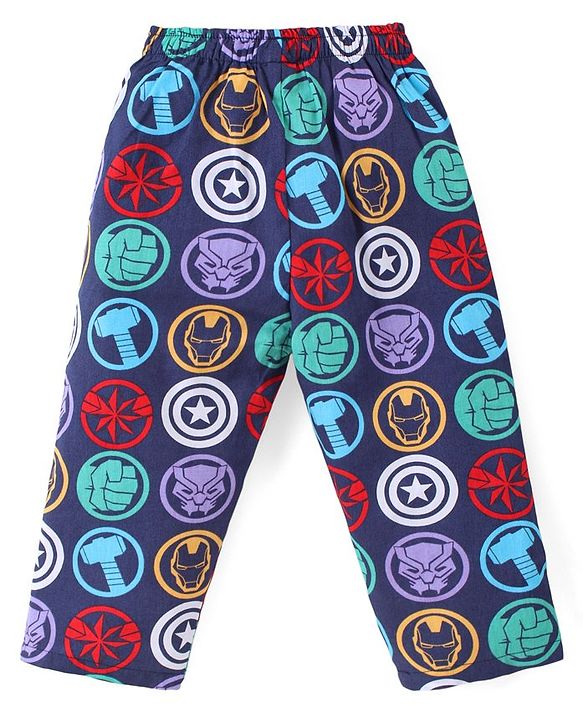 Babyhug Marvel Cotton Woven Full Sleeves Front Open Night Suit with Avengers Print - Navy