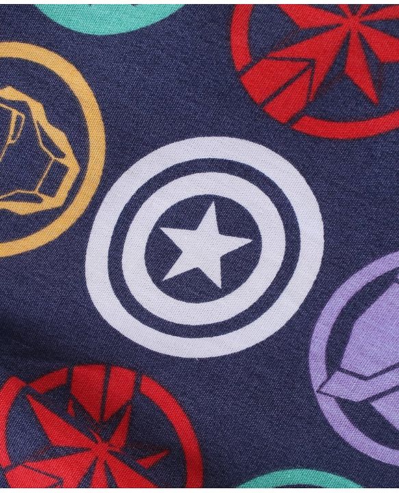 Babyhug Marvel Cotton Woven Full Sleeves Front Open Night Suit with Avengers Print - Navy