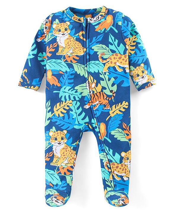 Babyhug Cotton Knit Full Sleeves Sleep Suit With Animals Print - Navy