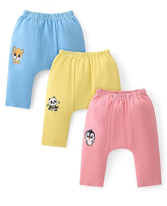 Babyhug Cotton Knit  Anti-Microbial Full Length Diaper Pants with Panda Print Pack of 3 - Blue Pink & Yellow