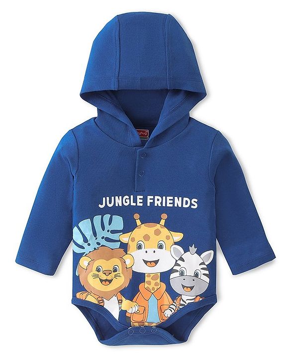 Babyhug 100% Cotton Interlock Knit Full Sleeves Hooded Onesies With Wild Animals Print - Navy Blue