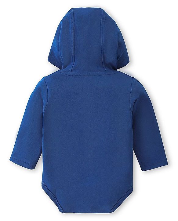 Babyhug 100% Cotton Interlock Knit Full Sleeves Hooded Onesies With Wild Animals Print - Navy Blue