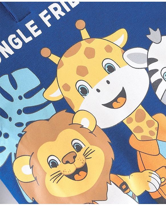 Babyhug 100% Cotton Interlock Knit Full Sleeves Hooded Onesies With Wild Animals Print - Navy Blue