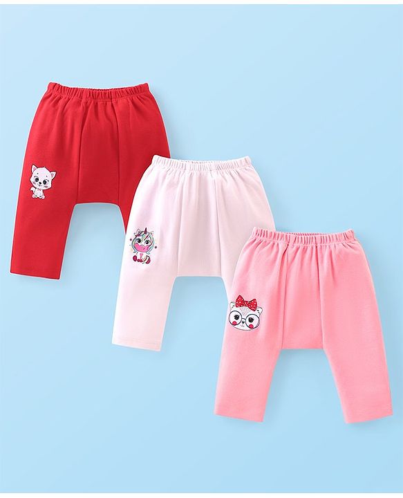 Babyhug Cotton Knit Anti-Microbial Ankle Length Diaper Pants with Unicorn Print Pack of 3 - Red & Pink