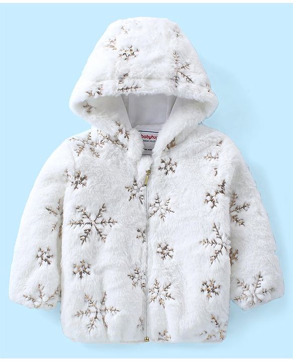 Babyhug Woven Full Sleeves Front Open Hooded Fur Jacket With Snow Flex Design - Off White