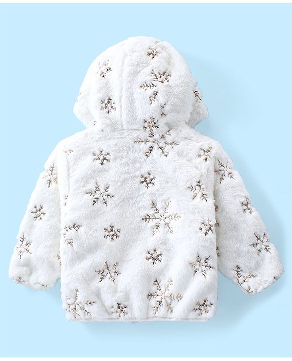 Babyhug Woven Full Sleeves Front Open Hooded Fur Jacket With Snow Flex Design - Off White