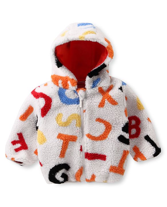 Babyhug Fur Woven Full Sleeves Hooded Winter Jacket With Alphabets Design - White