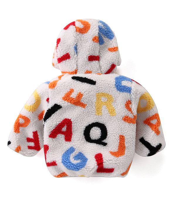 Babyhug Fur Woven Full Sleeves Hooded Winter Jacket With Alphabets Design - White