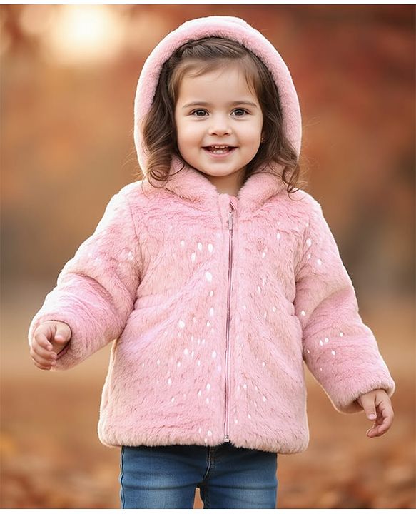 Babyhug Woven Full Sleeves Hooded Winter Fur Jacket with Pockets - Pink
