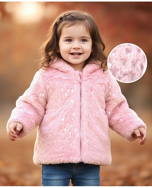 Babyhug Woven Full Sleeves Hooded Winter Fur Jacket with Pockets - Pink