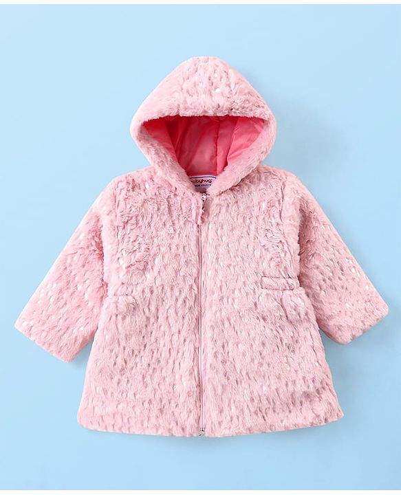 Babyhug Woven Full Sleeves Hooded Winter Fur Jacket with Pockets - Pink