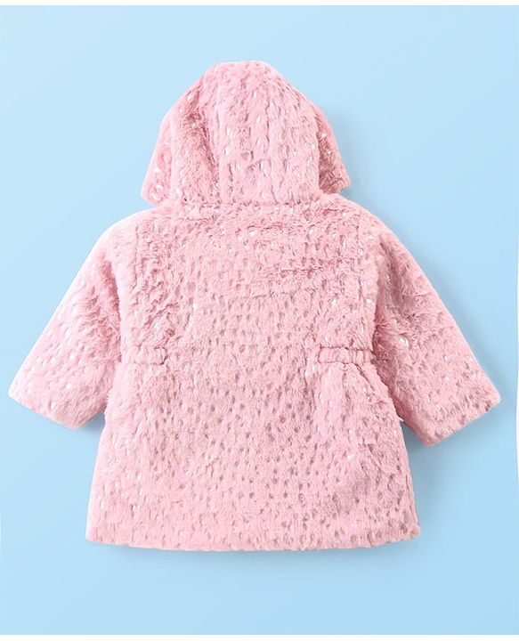 Babyhug Woven Full Sleeves Hooded Winter Fur Jacket with Pockets - Pink