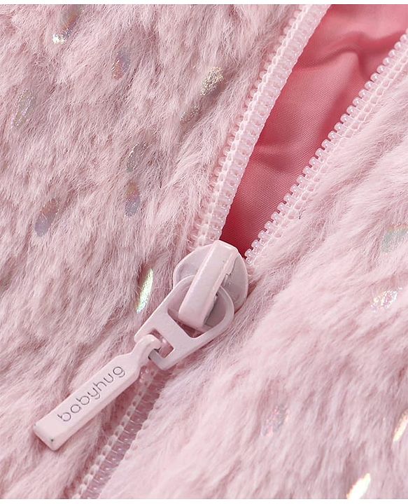 Babyhug Woven Full Sleeves Hooded Winter Fur Jacket with Pockets - Pink