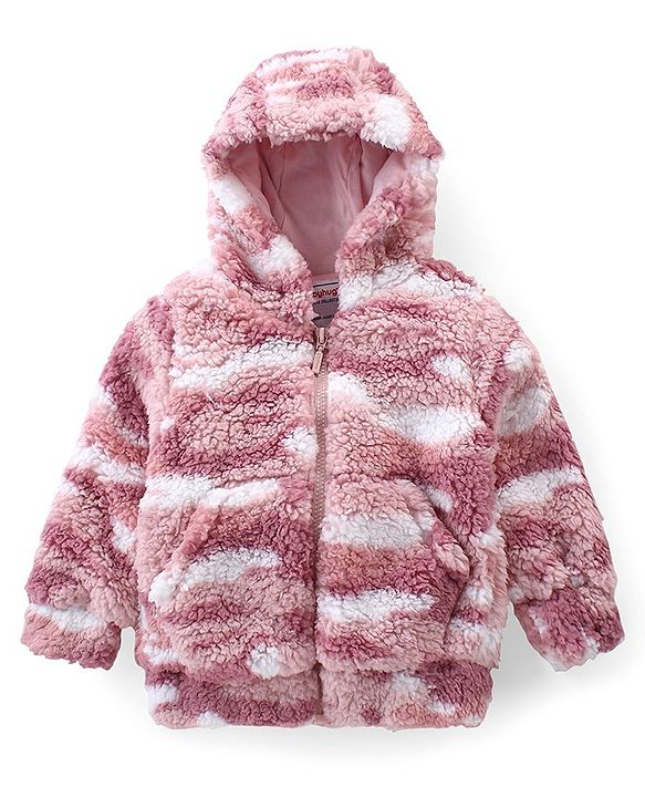 Babyhug Woven Full Sleeves Hooded Fur Jacket with Camouflage Design - Peach