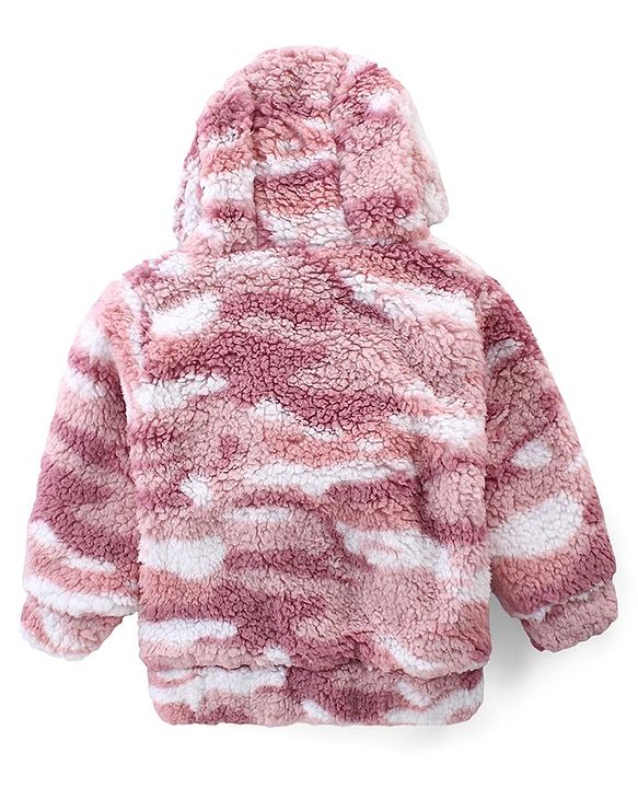 Babyhug Woven Full Sleeves Hooded Fur Jacket with Camouflage Design - Peach