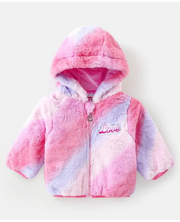 Babyhug Woven Full Sleeves Hooded Fur Jacket Tie & Dye Design & Text Patch Detailing - Purple