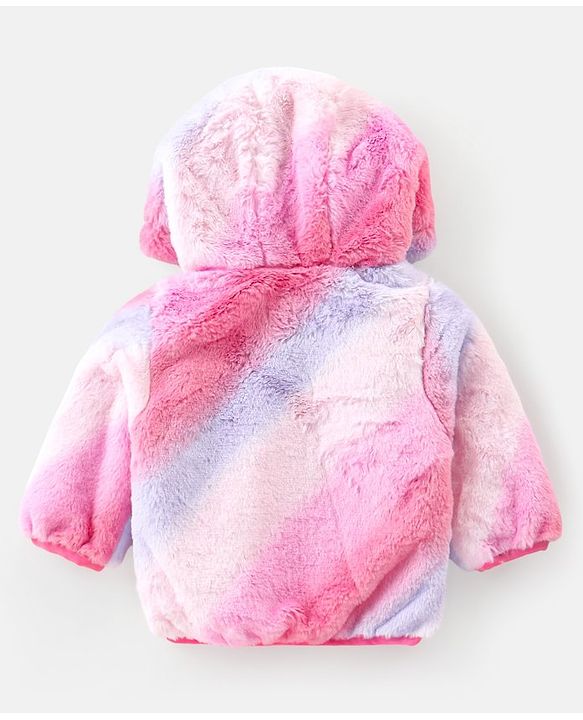 Babyhug Woven Full Sleeves Hooded Fur Jacket Tie & Dye Design & Text Patch Detailing - Purple