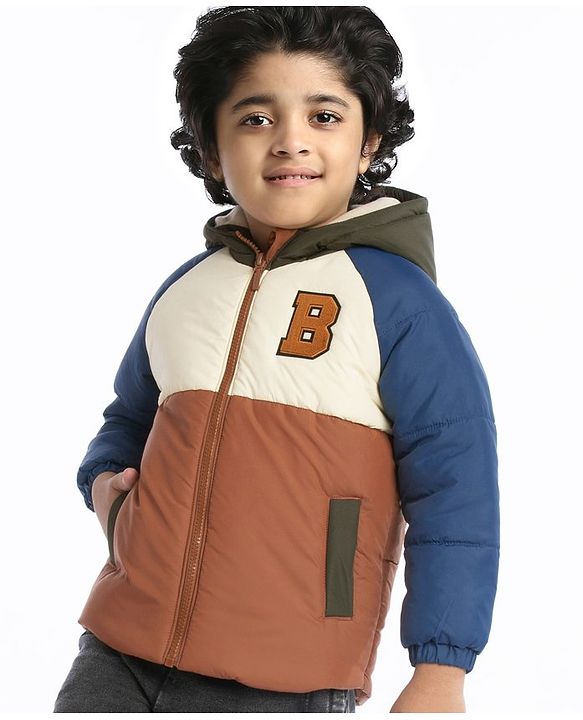 Babyhug Full Sleeves Padded Winter Jacket with Hood & Text Patch- Brown Navy & White