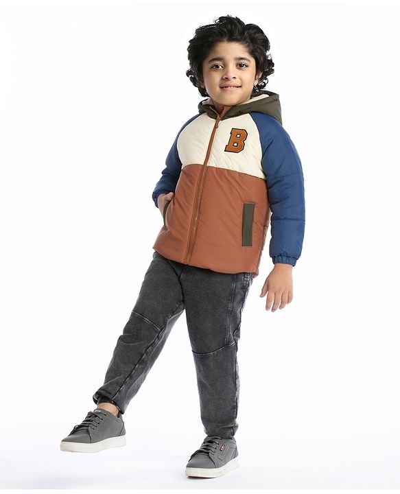 Babyhug Full Sleeves Padded Winter Jacket with Hood & Text Patch- Brown Navy & White