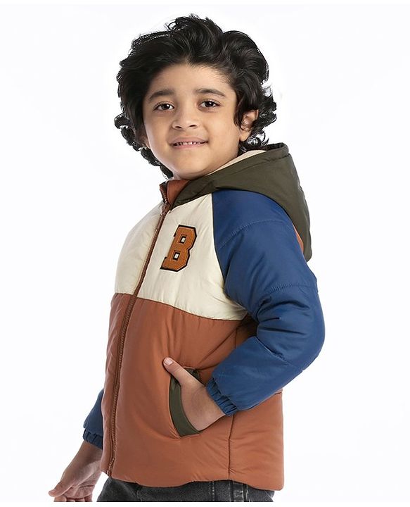 Babyhug Full Sleeves Padded Winter Jacket with Hood & Text Patch- Brown Navy & White