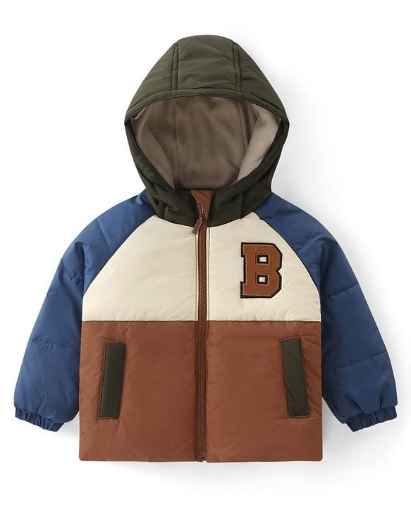 Babyhug Full Sleeves Padded Winter Jacket with Hood & Text Patch- Brown Navy & White
