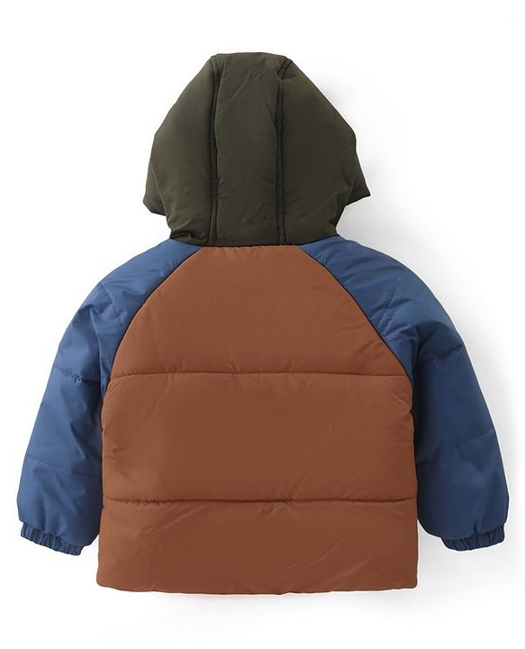 Babyhug Full Sleeves Padded Winter Jacket with Hood & Text Patch- Brown Navy & White