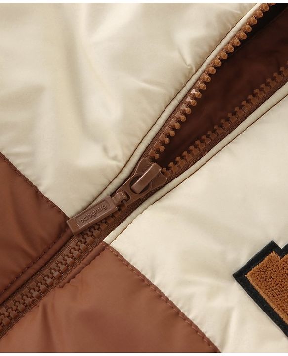 Babyhug Full Sleeves Padded Winter Jacket with Hood & Text Patch- Brown Navy & White