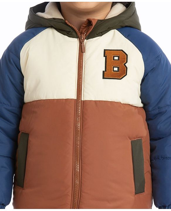 Babyhug Full Sleeves Padded Winter Jacket with Hood & Text Patch- Brown Navy & White