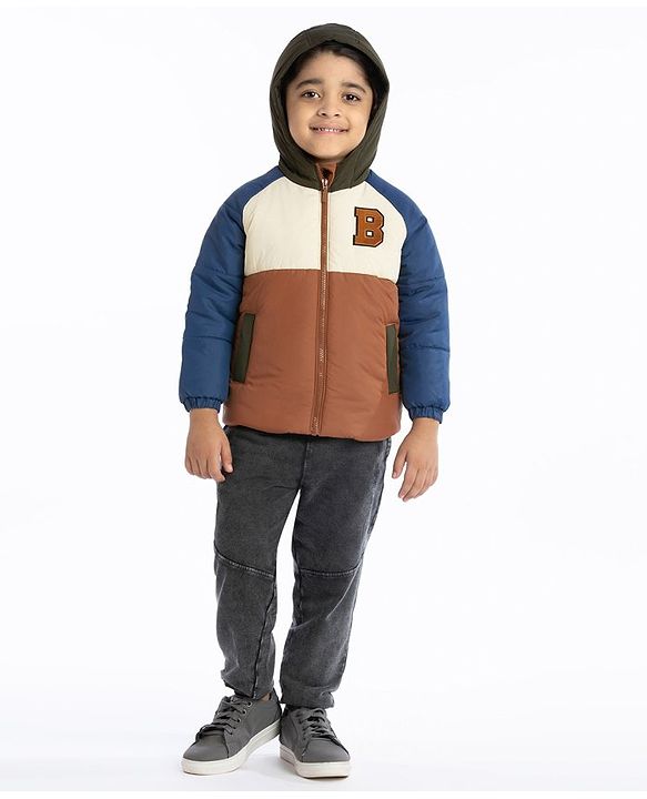 Babyhug Full Sleeves Padded Winter Jacket with Hood & Text Patch- Brown Navy & White