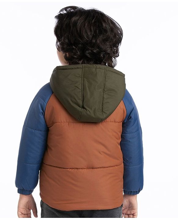 Babyhug Full Sleeves Padded Winter Jacket with Hood & Text Patch- Brown Navy & White