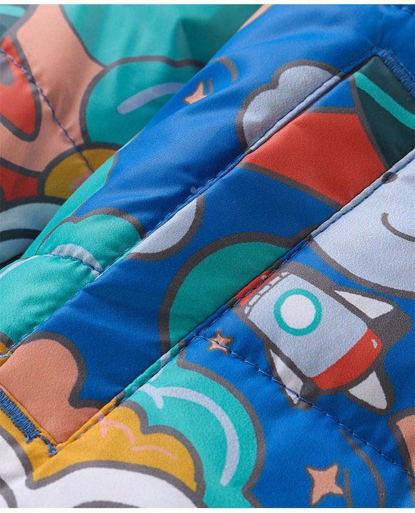 Babyhug Woven Full Sleeves Padded Hooded Jacket With Space Theme Design - Blue