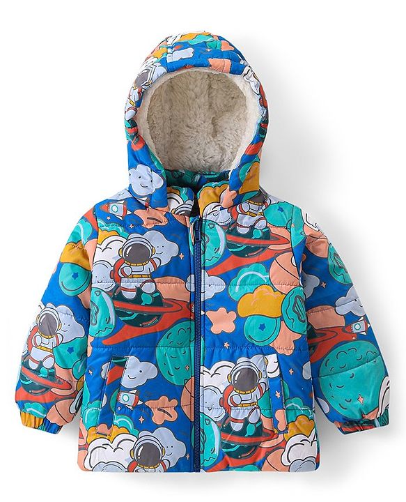 Babyhug Woven Full Sleeves Padded Hooded Jacket With Space Theme Design - Blue