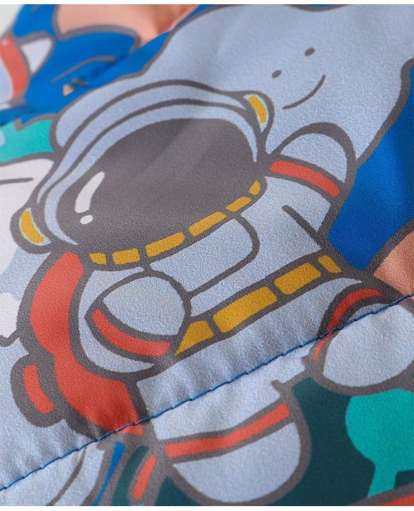Babyhug Woven Full Sleeves Padded Hooded Jacket With Space Theme Design - Blue