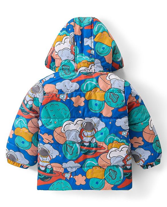Babyhug Woven Full Sleeves Padded Hooded Jacket With Space Theme Design - Blue