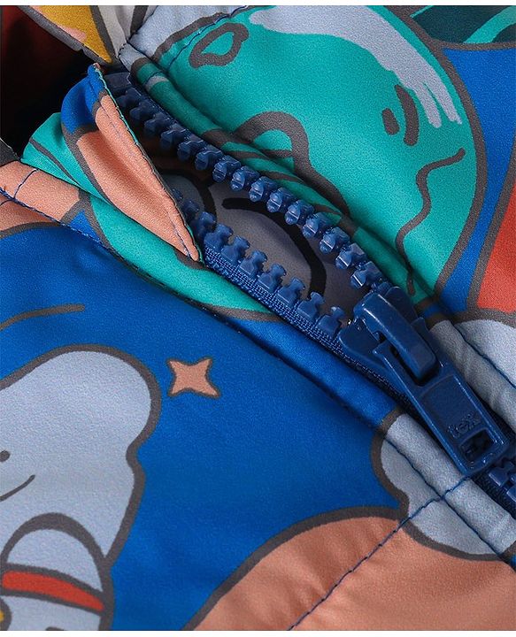 Babyhug Woven Full Sleeves Padded Hooded Jacket With Space Theme Design - Blue