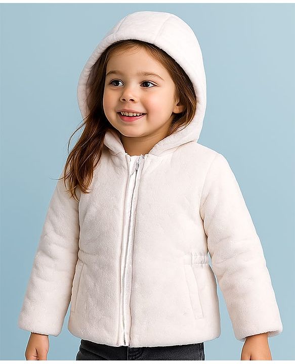 Babyhug Full Sleeves Front Open Padded Hooded Jacket with Solid Colour - White