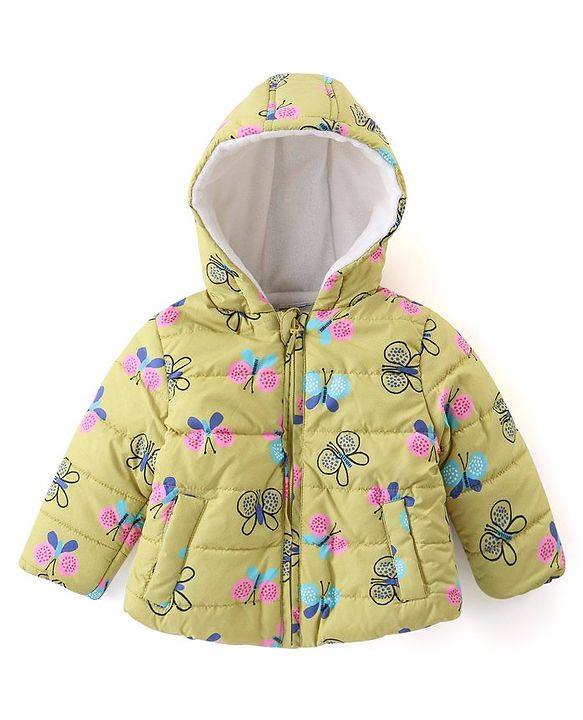 Babyhug Woven Full Sleeves Padded Hooded Jacket With Butterfly Print - Yellow