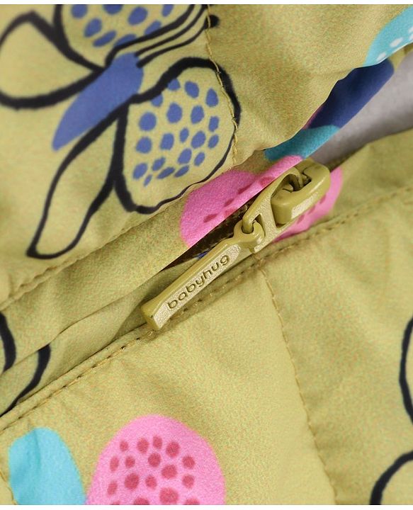 Babyhug Woven Full Sleeves Padded Hooded Jacket With Butterfly Print - Yellow