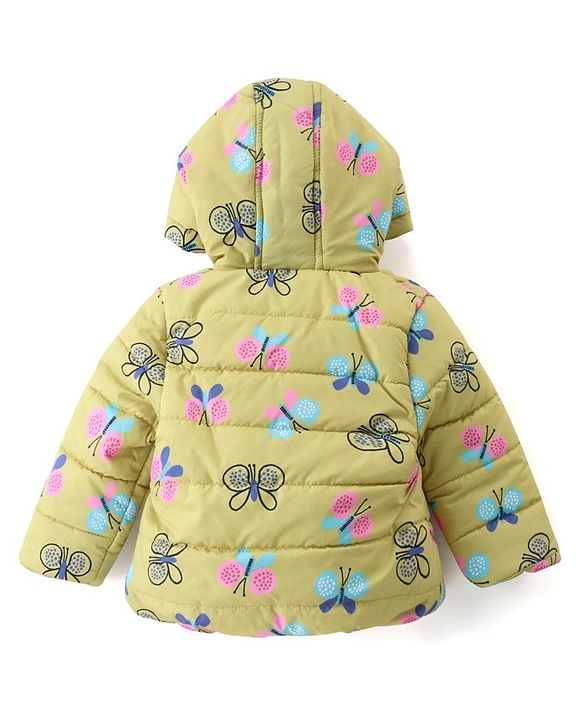 Babyhug Woven Full Sleeves Padded Hooded Jacket With Butterfly Print - Yellow