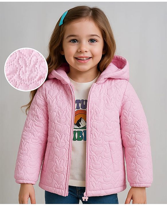 Babyhug Woven Full Sleeves Padded Hooded Jacket With Bunny Detailing - Pink