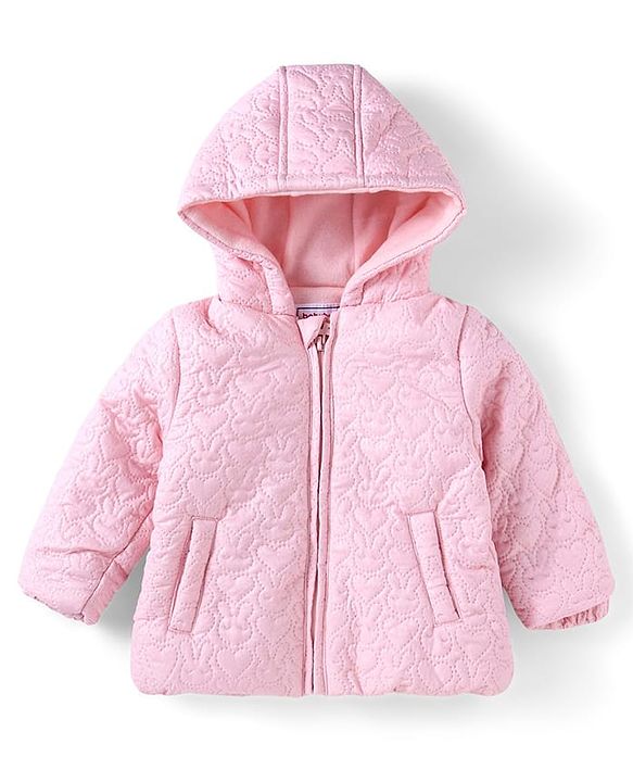 Babyhug Woven Full Sleeves Padded Hooded Jacket With Bunny Detailing - Pink