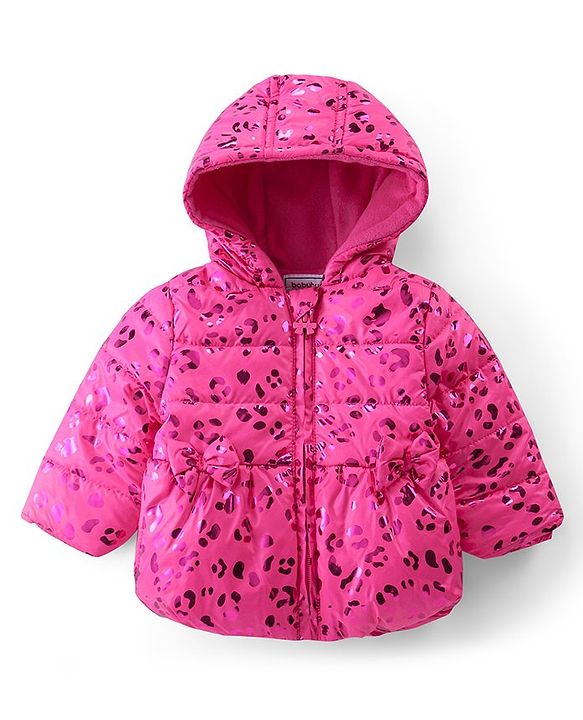 Babyhug Woven Full Sleeves Padded Hooded Jacket With Metallic Print & Bow Applique - Pink