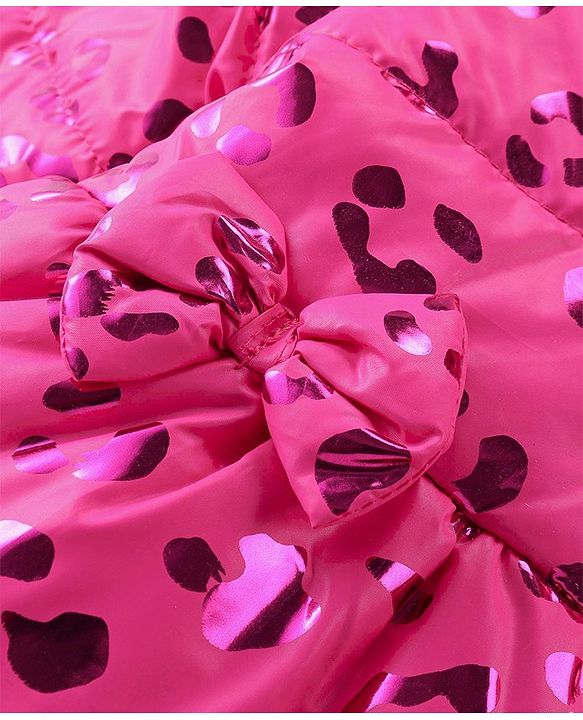 Babyhug Woven Full Sleeves Padded Hooded Jacket With Metallic Print & Bow Applique - Pink