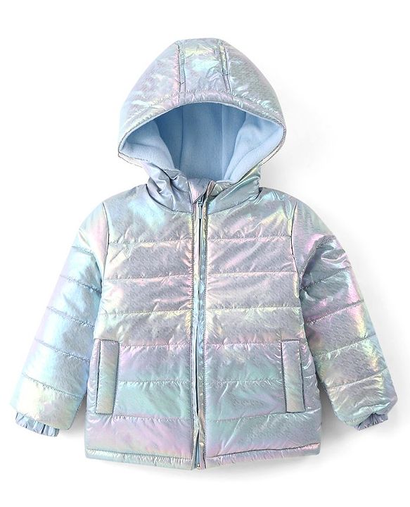 Babyhug Full Sleeves Front Open Padded Hooded Jacket with Holographic Design - Blue